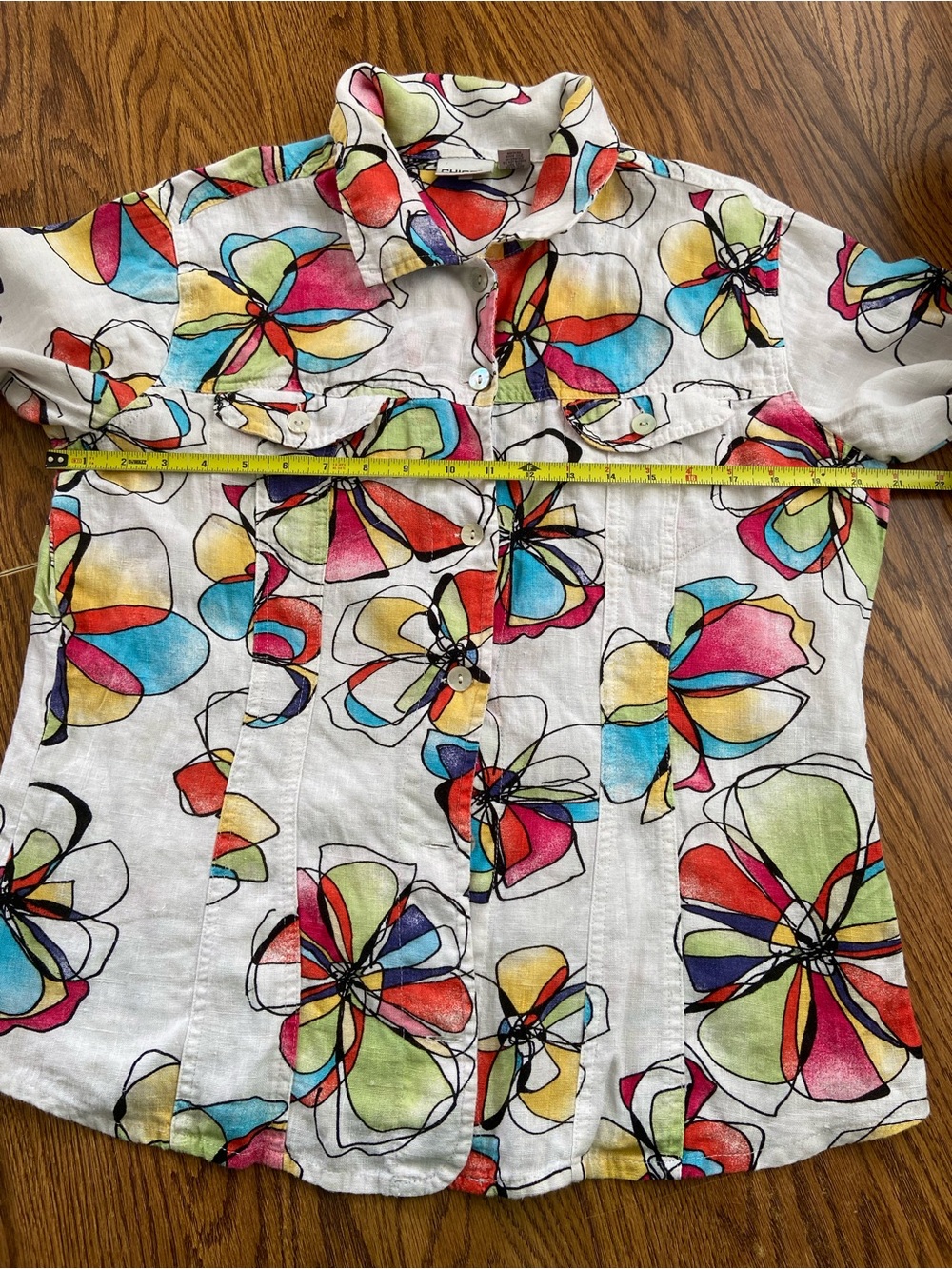 Chico's White Button-Down Blouse with Multicolor Floral Print size:2(L)100%linen - Picture 10 of 11